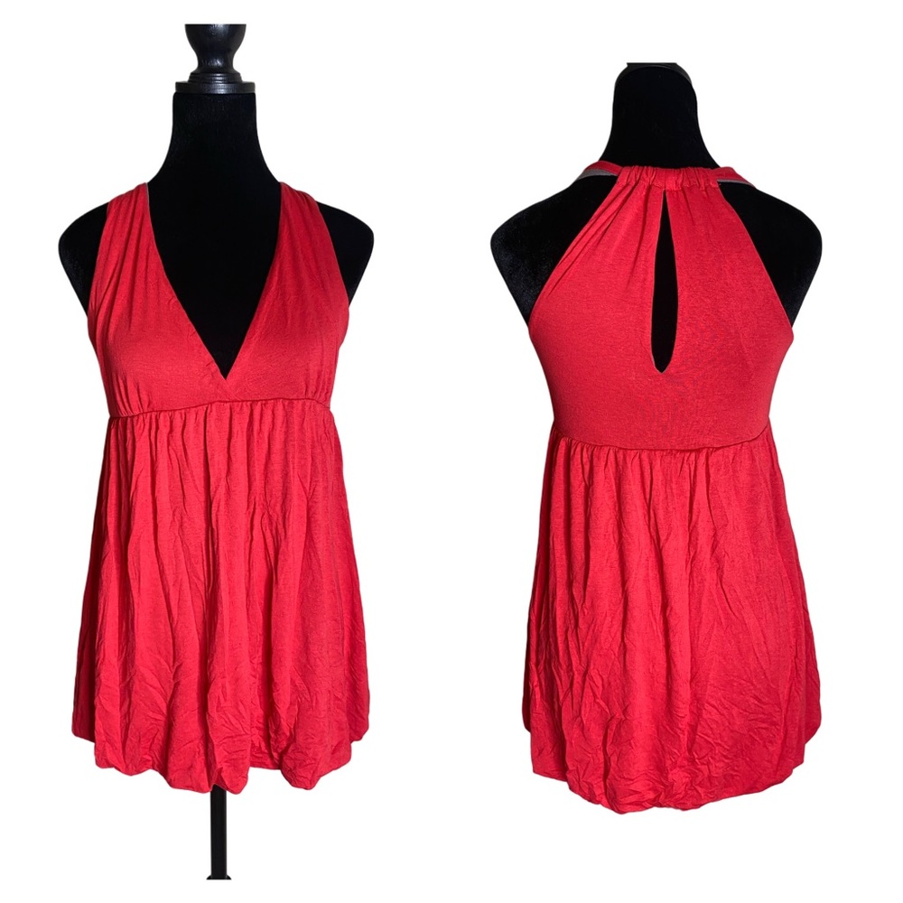 Reversible Red Sleeveless V-neck Halter Babydoll Tunic Top